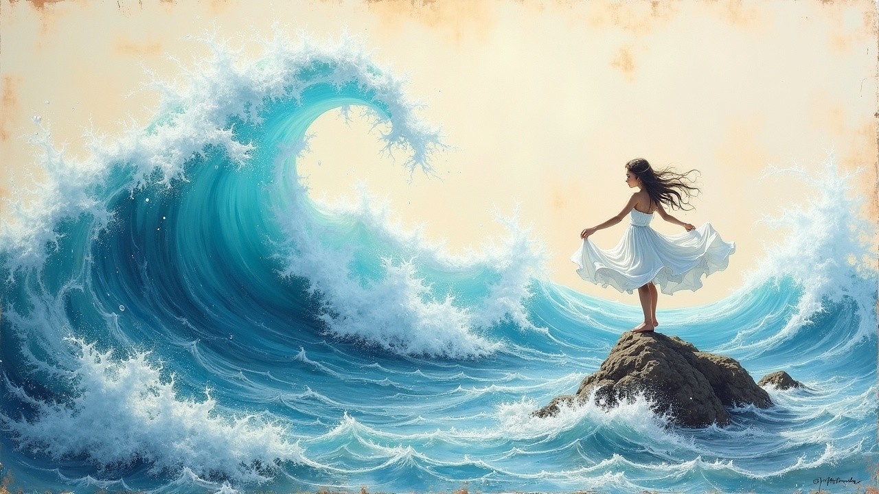 Woman in White Dress Overlooking Turbulent Ocean Waves