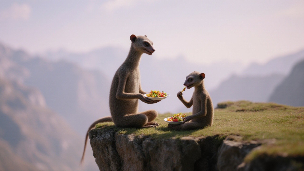 Meerkats Enjoying a Meal in a Mountain Landscape