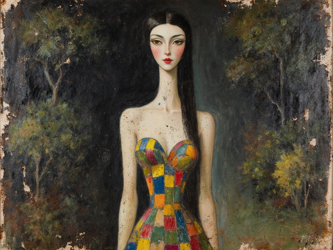 Tall Figure in Colorful Patchwork Dress with Blurred Background