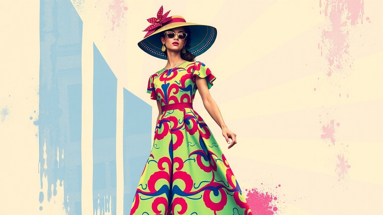 Fashionable woman in vibrant patterned dress and hat
