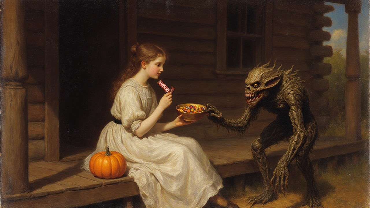 Young girl in white dress with ghoulish creature and pumpkin
