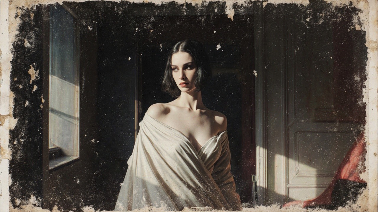 Woman in flowing fabric in a sunlit vintage room