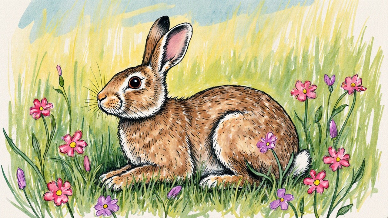 Illustration of a rabbit in a colorful meadow setting