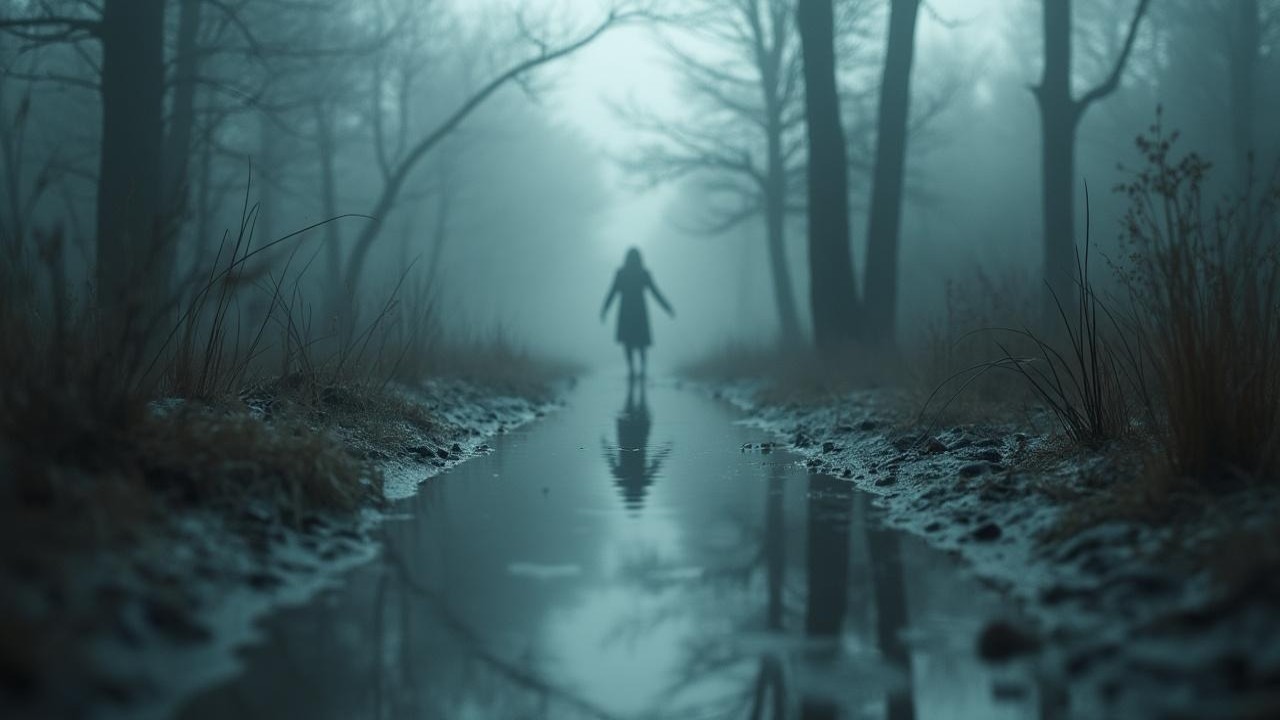 Solitary Figure in Foggy Forest Pathway Scene