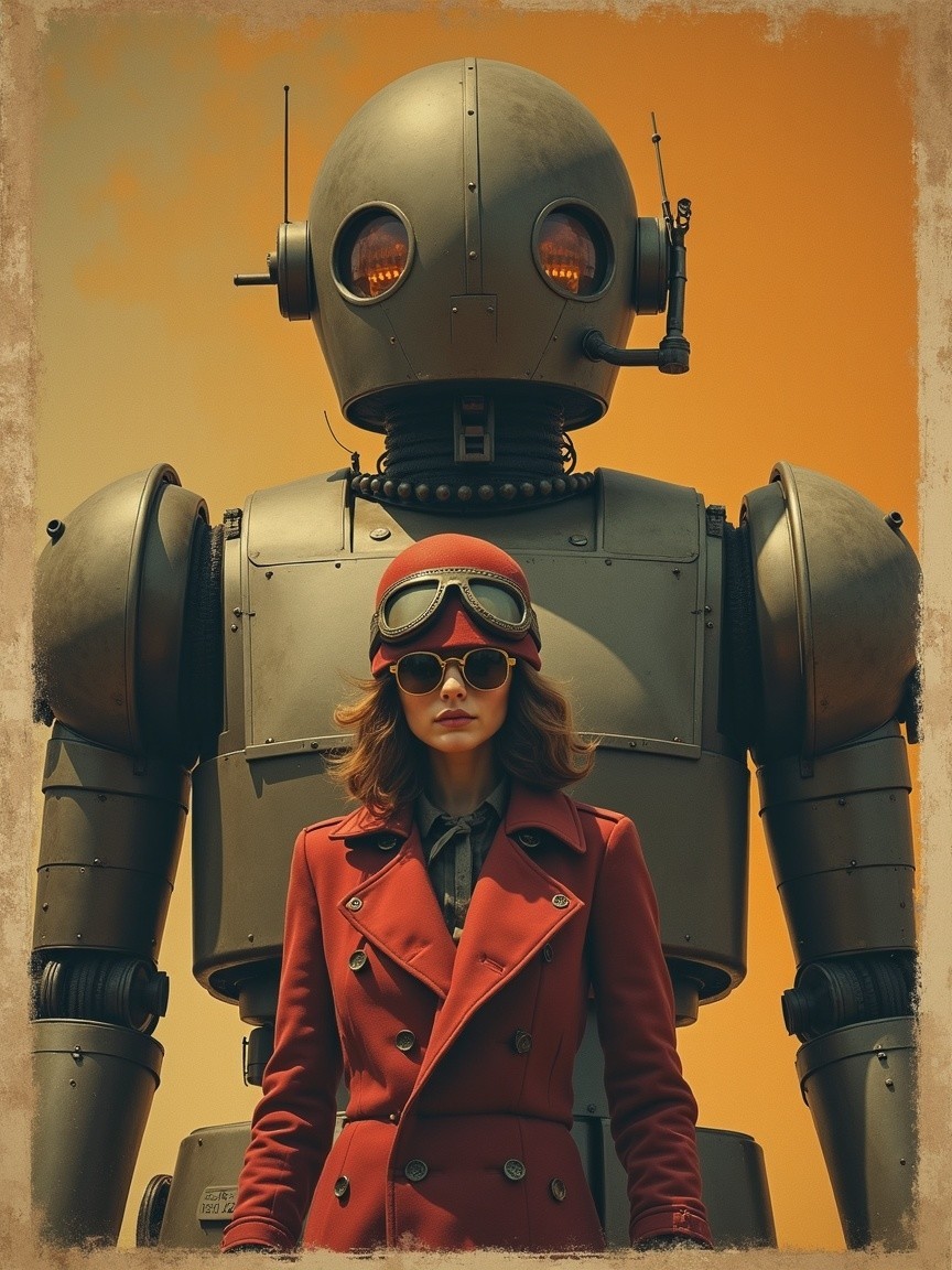 Woman in Red Coat Beside Towering Robot at Sunset