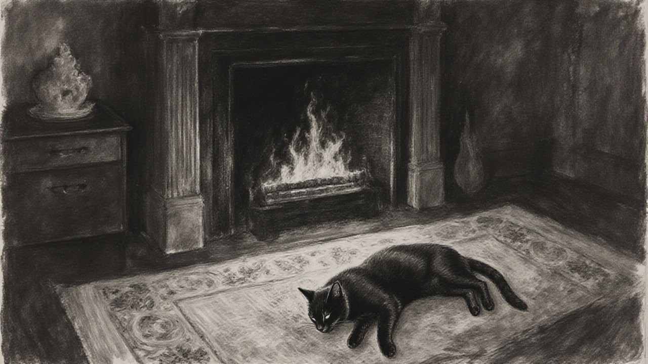 Serene Black Cat on Ornate Rug by Cozy Fireplace