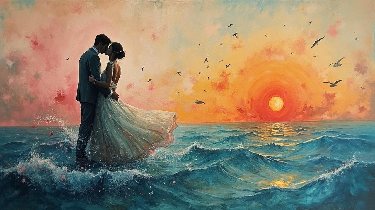 Couple Embracing in Shallow Waves at Sunset