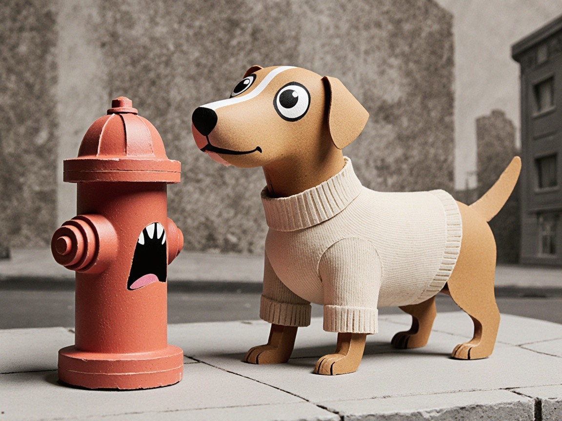 Cartoon Dog in Sweater Next to Quirky Hydrant