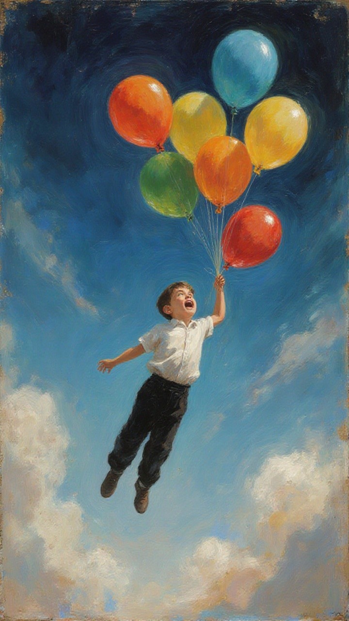 Child in white shirt soaring with colorful balloons