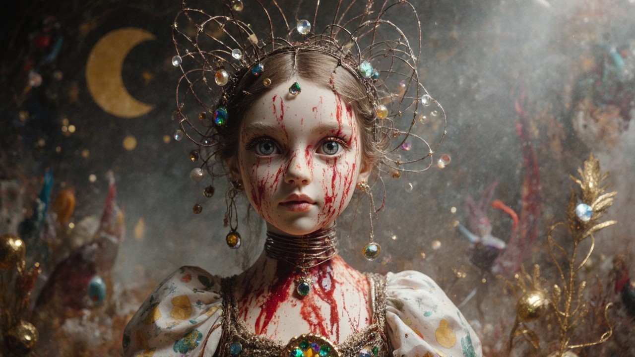 Haunting Doll with Intricate Features and Dreamlike Setting