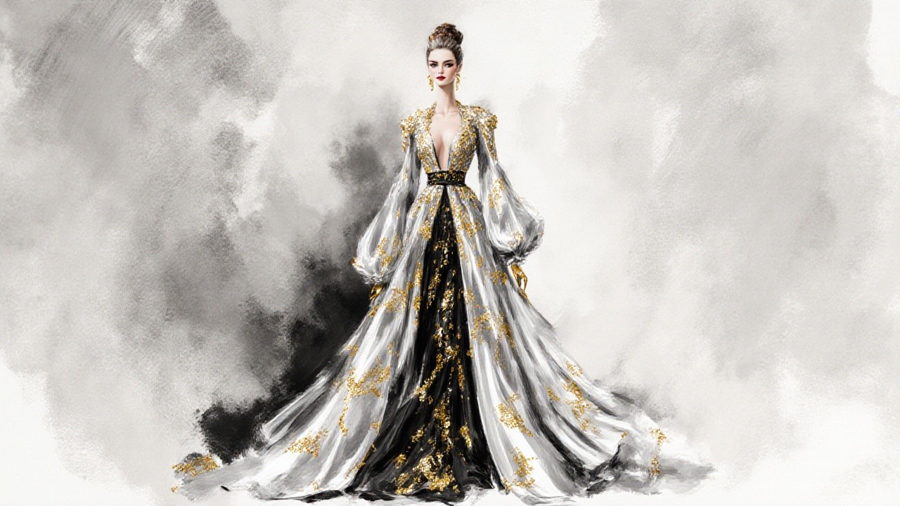 Elegant Black and Silver Gown Fashion Illustration