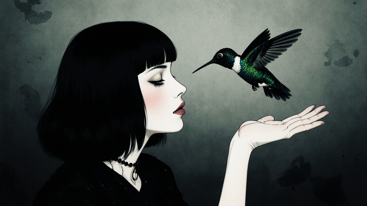 Woman with Black Hair and Hummingbird Interaction