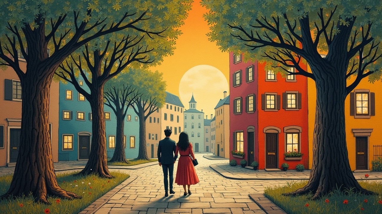 Couple Walking on Cobblestone Street at Sunset