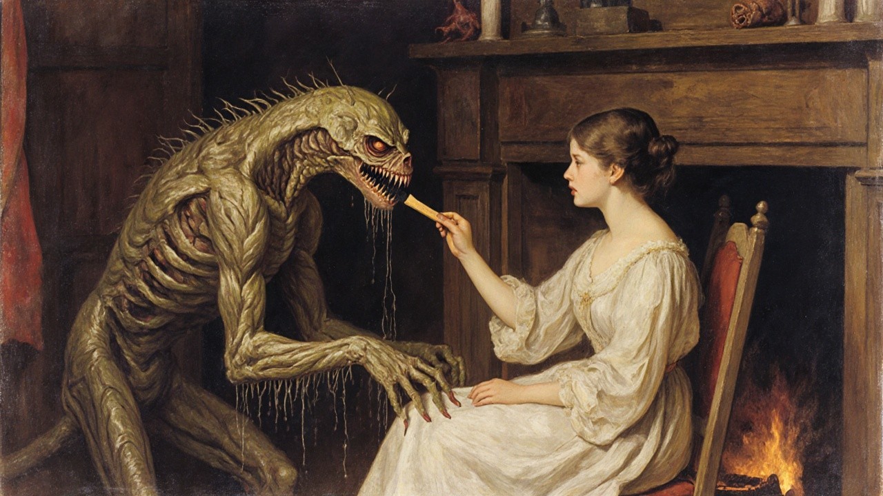 Young woman offers candy to a grotesque creature