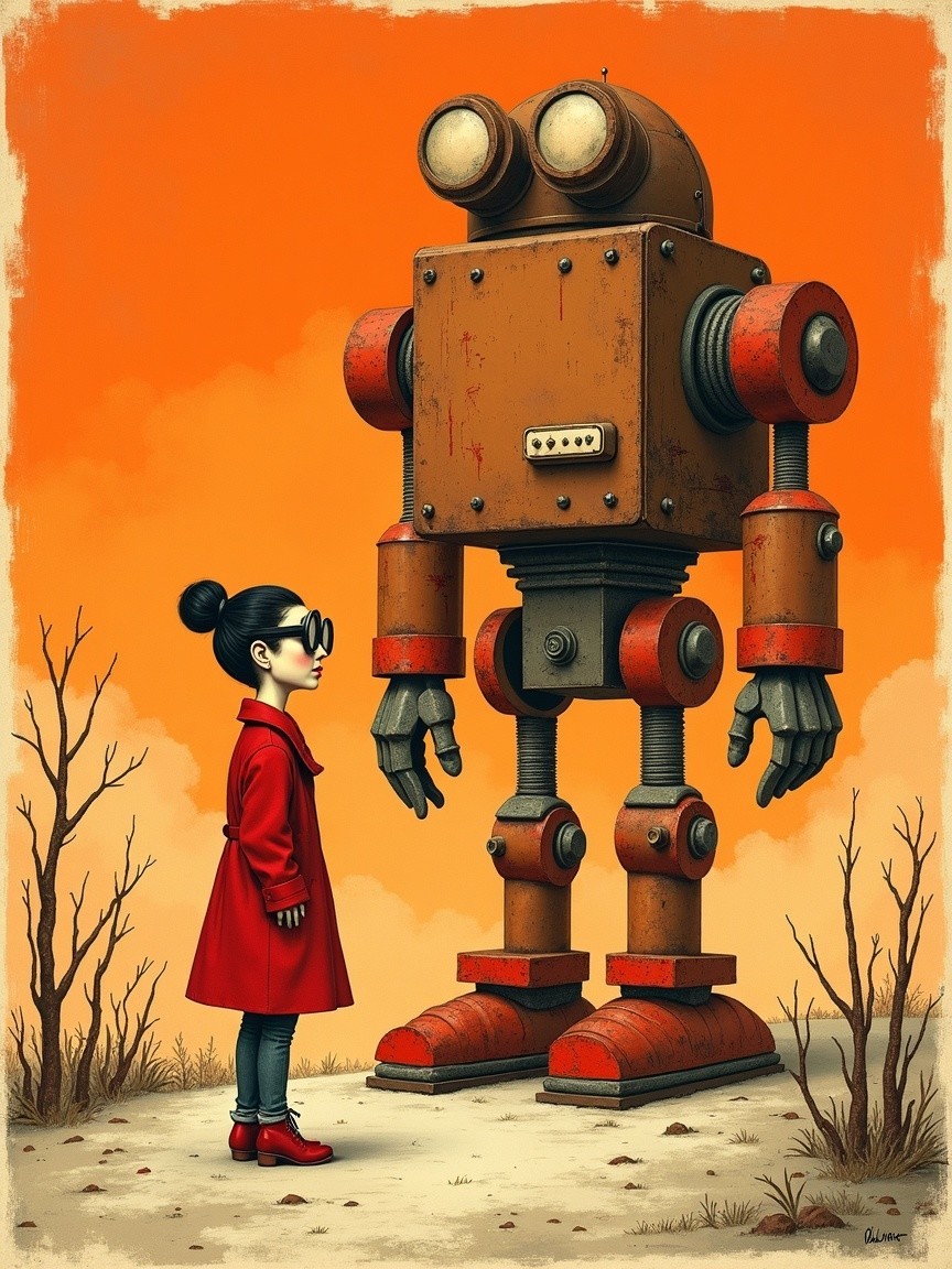 Young girl in red coat with vintage robot in surreal setting