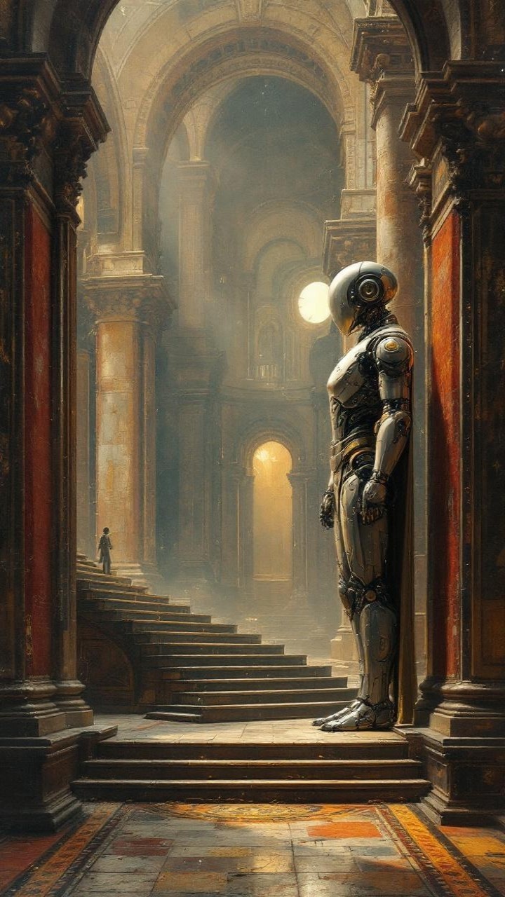 Ancient Hall with Towering Robot and Intricate Architecture