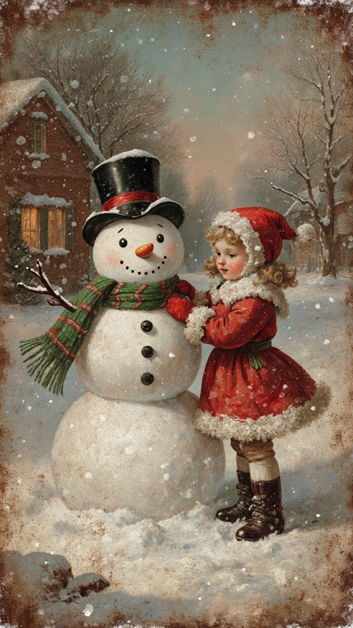 Charming Winter Scene with Girl and Snowman