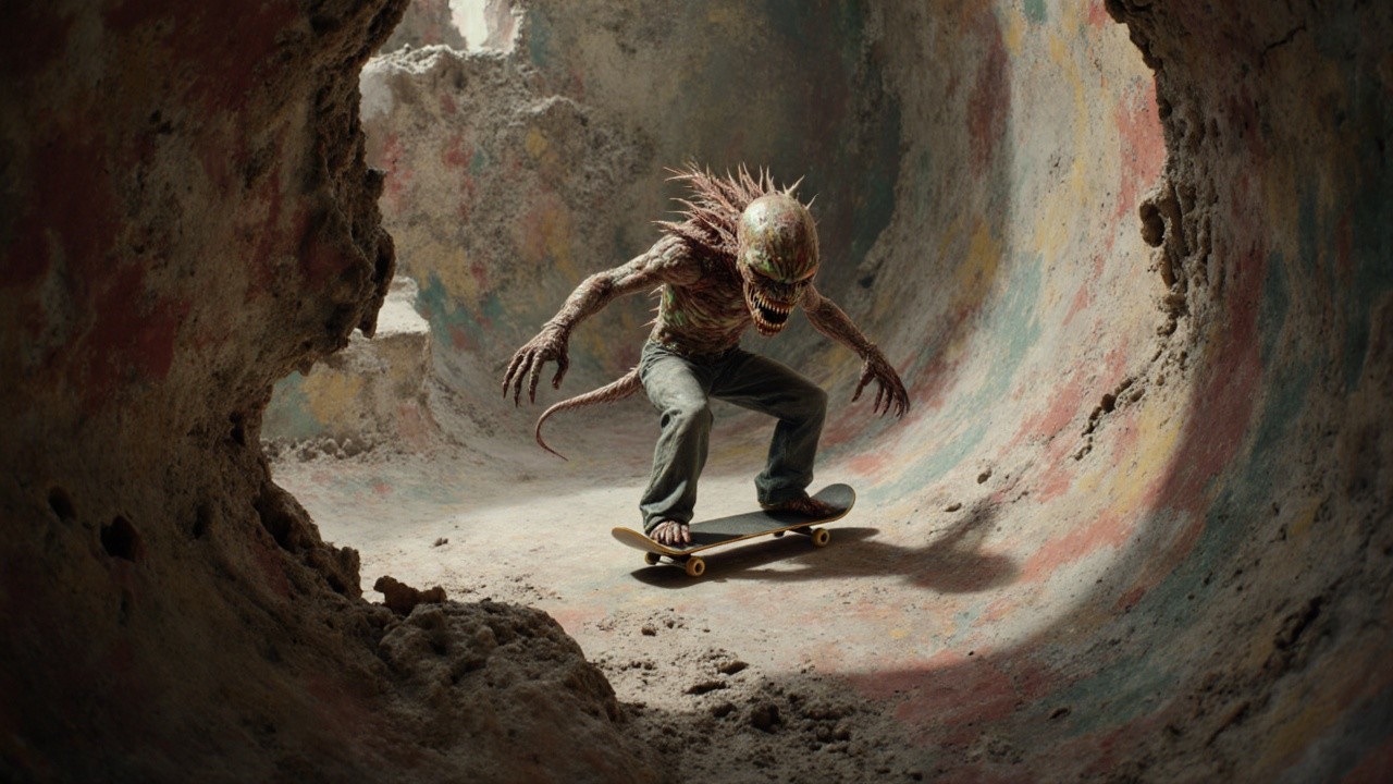 Lizard-like creature skating in a colorful bowl setting