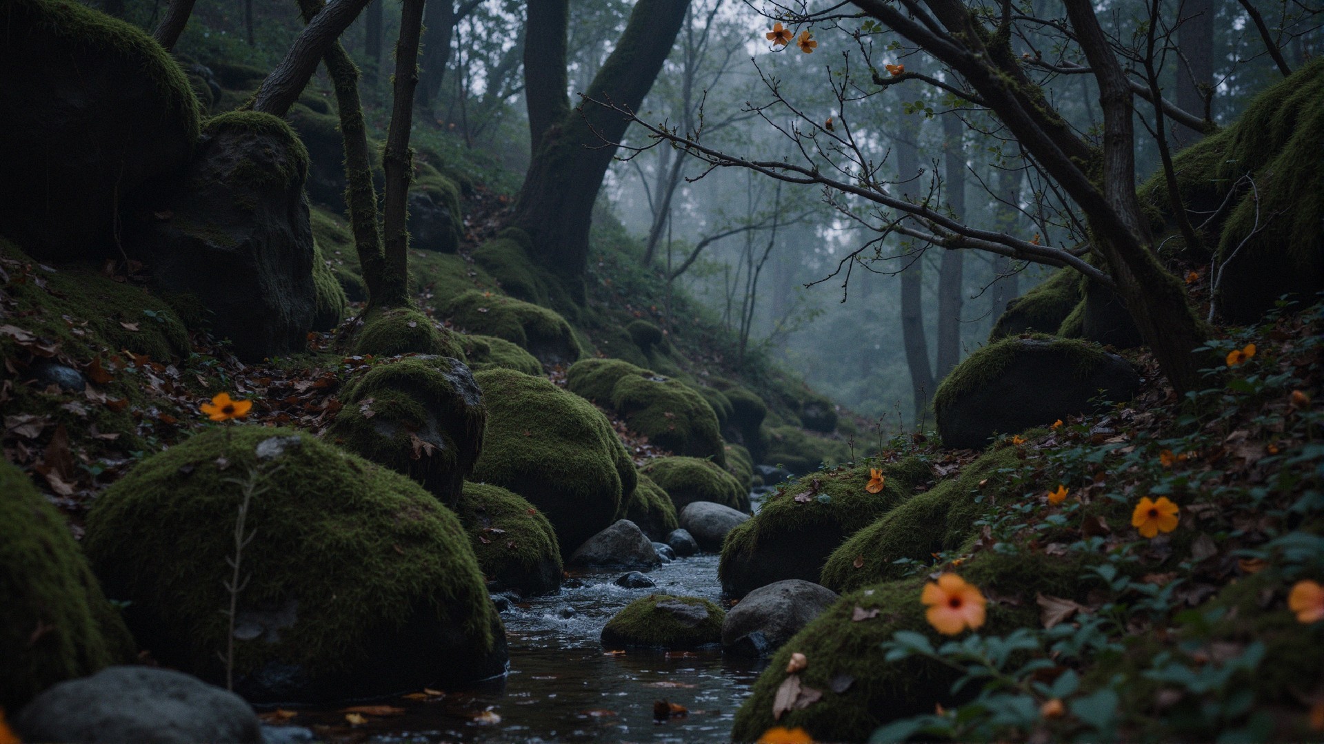 Serene Misty Forest with Stream and Vibrant Flowers