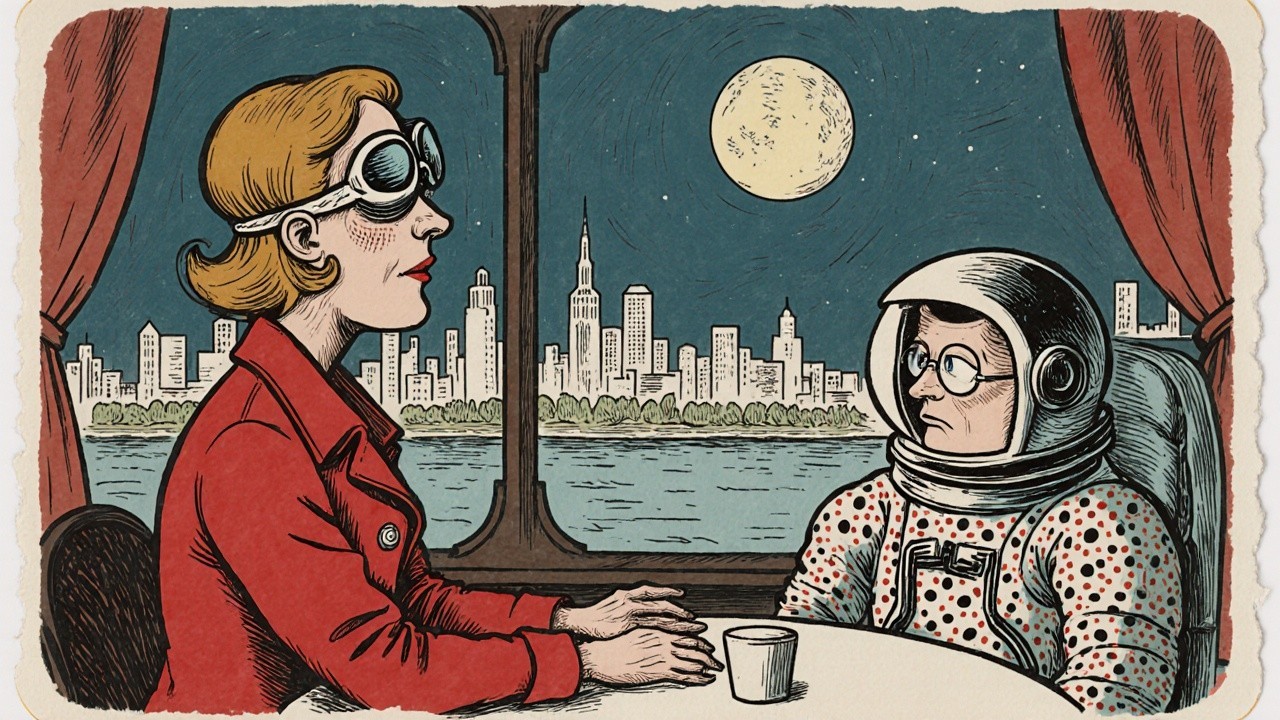 Woman in Retro Goggles and Astronaut in Vintage Setting