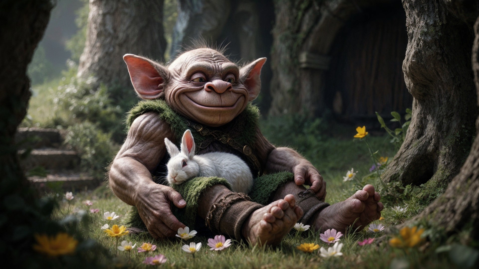 Cheerful Goblin with Rabbit in Whimsical Forest