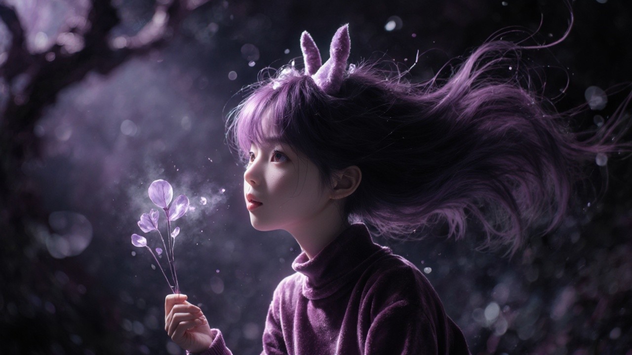 Young girl with purple hair and flowers in dreamy setting