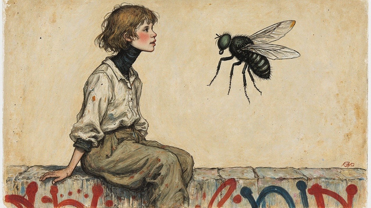 Child on Stone Ledge Observing a Large Fly