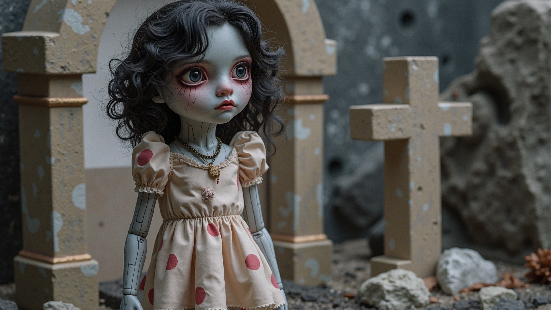 Haunting Doll in a Graveyard Setting with Grave Markers