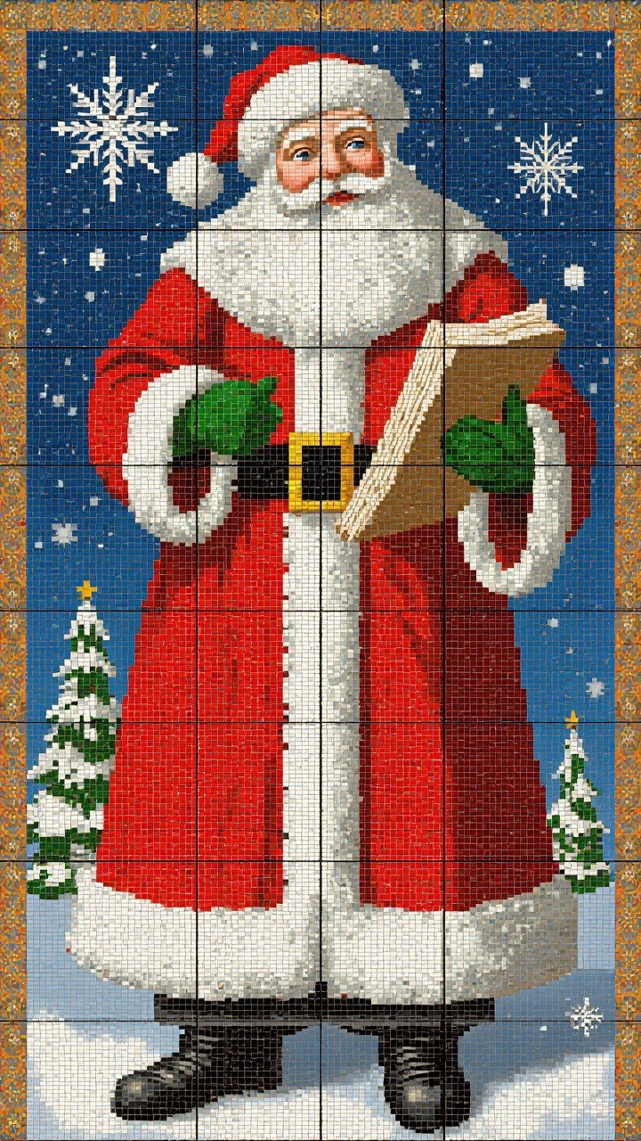 Mosaic Art Featuring Santa Claus in Holiday Scene