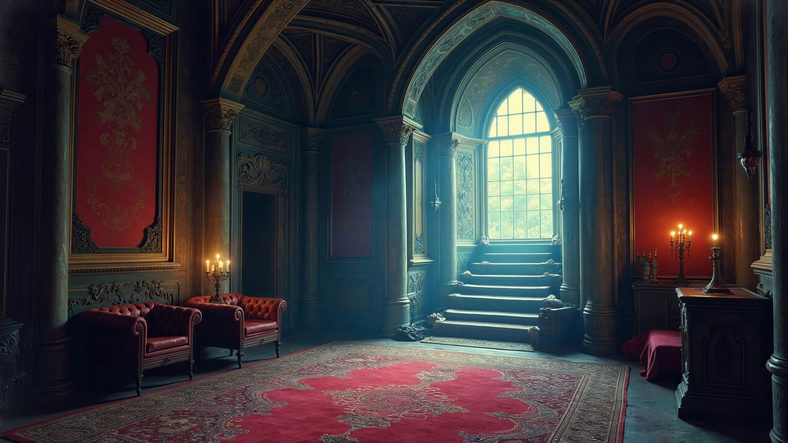 Ornate Gothic Hall with Vaulted Ceilings and Tapestries
