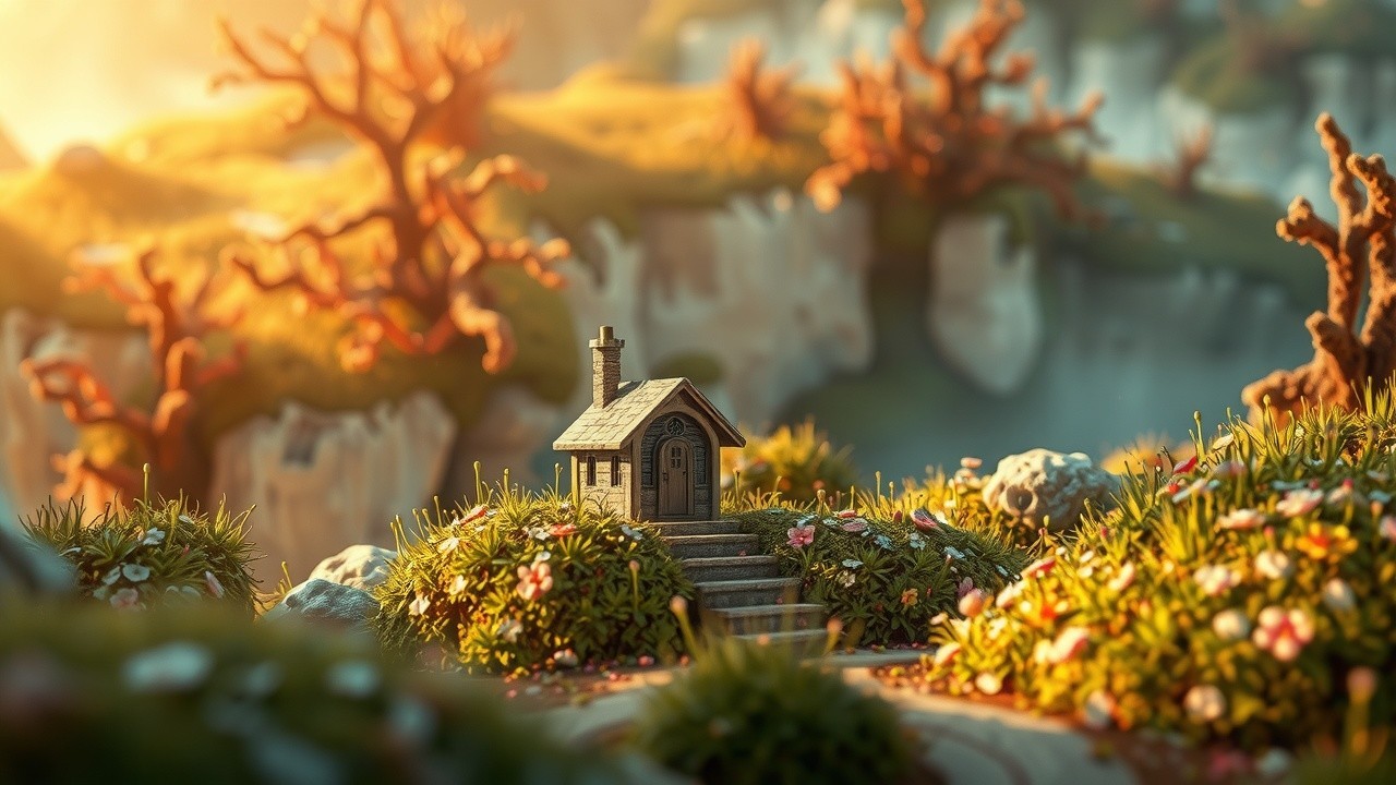 Miniature House in Vibrant Greenery and Flowers