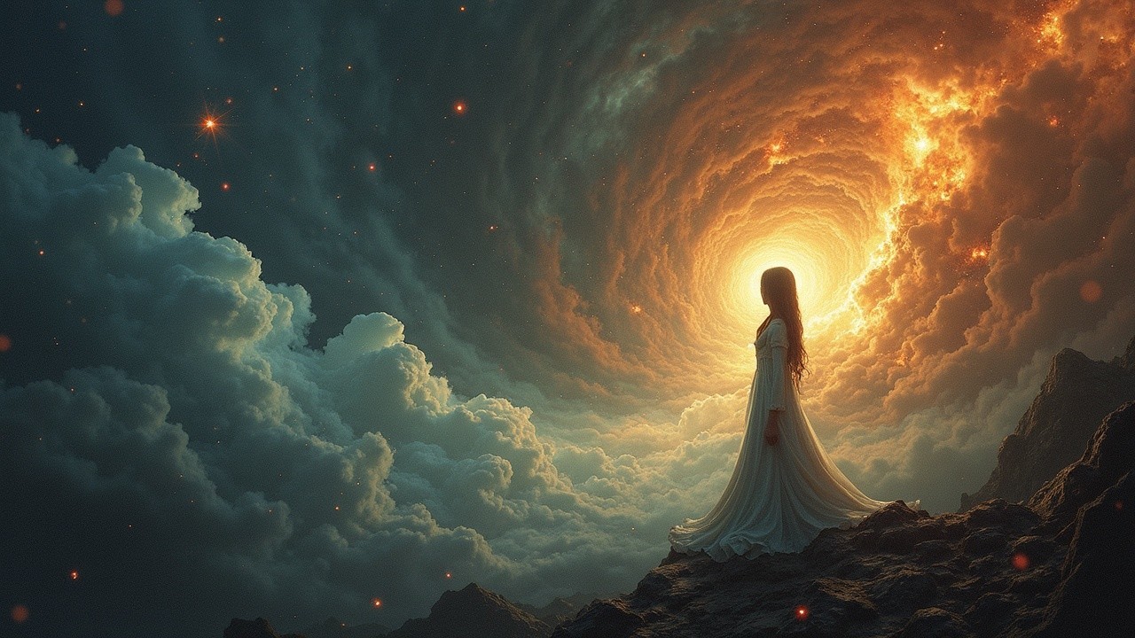 Silhouetted Woman in Gown Against Cosmic Vortex