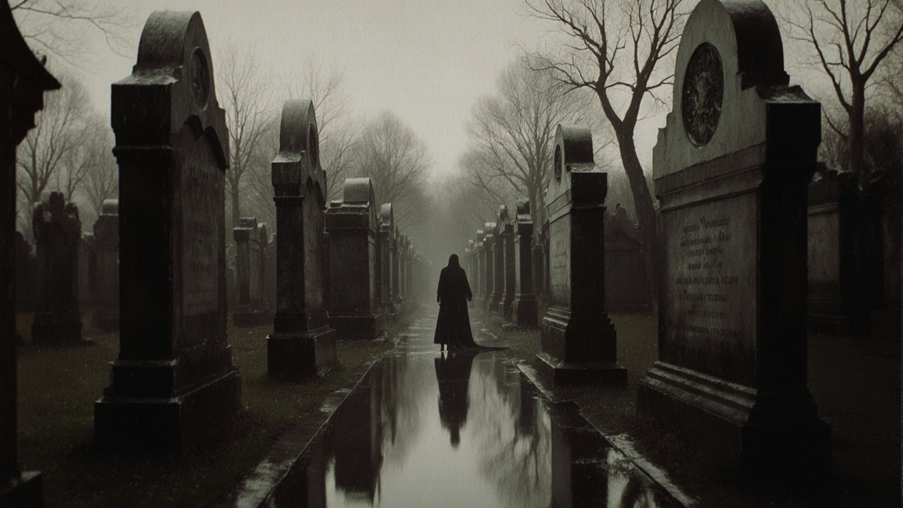 Solitary Figure in Misty Graveyard with Tombstones