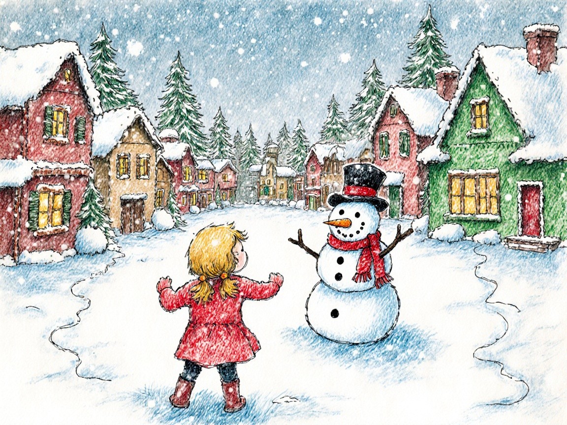 Winter Scene with Girl, Snowman, and Snowy Village