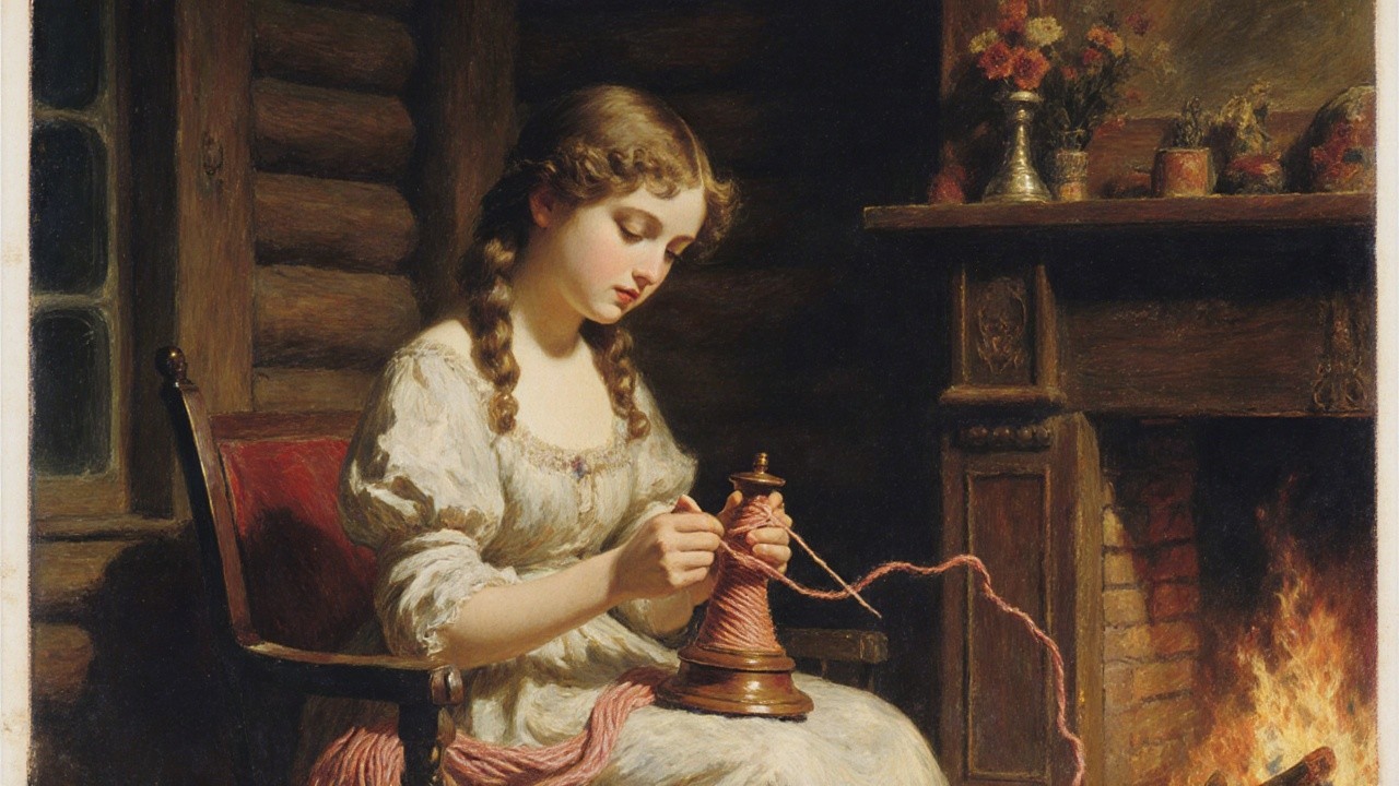 Young Woman Spinning Yarn in Cozy Cabin Setting