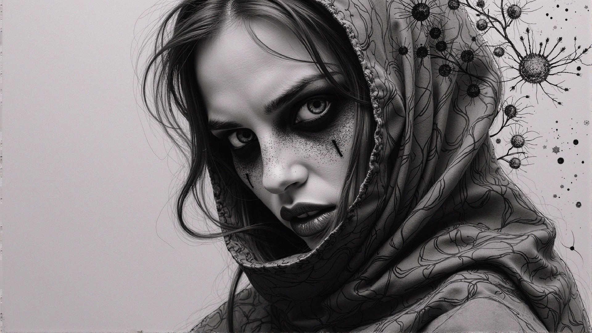 Striking Female Figure with Dark Makeup and Scarf