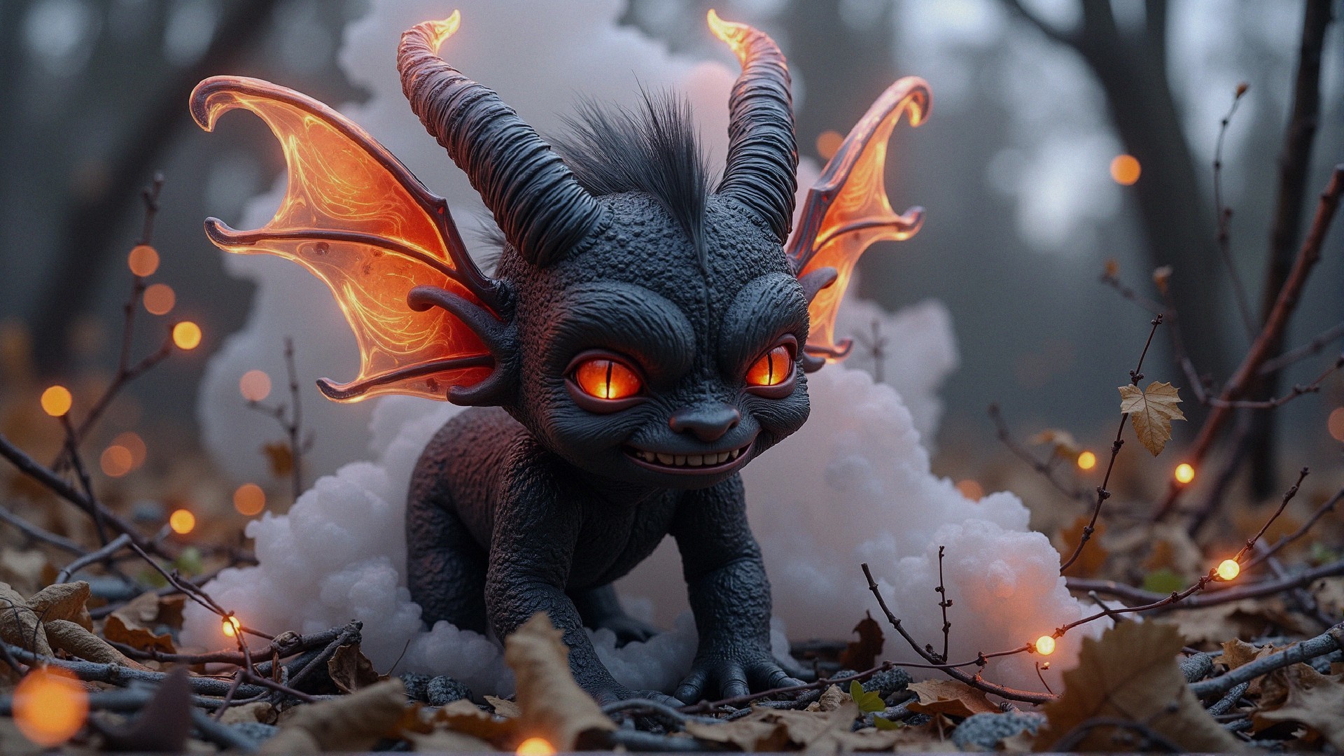 Mischievous creature with fiery wings in enchanted forest
