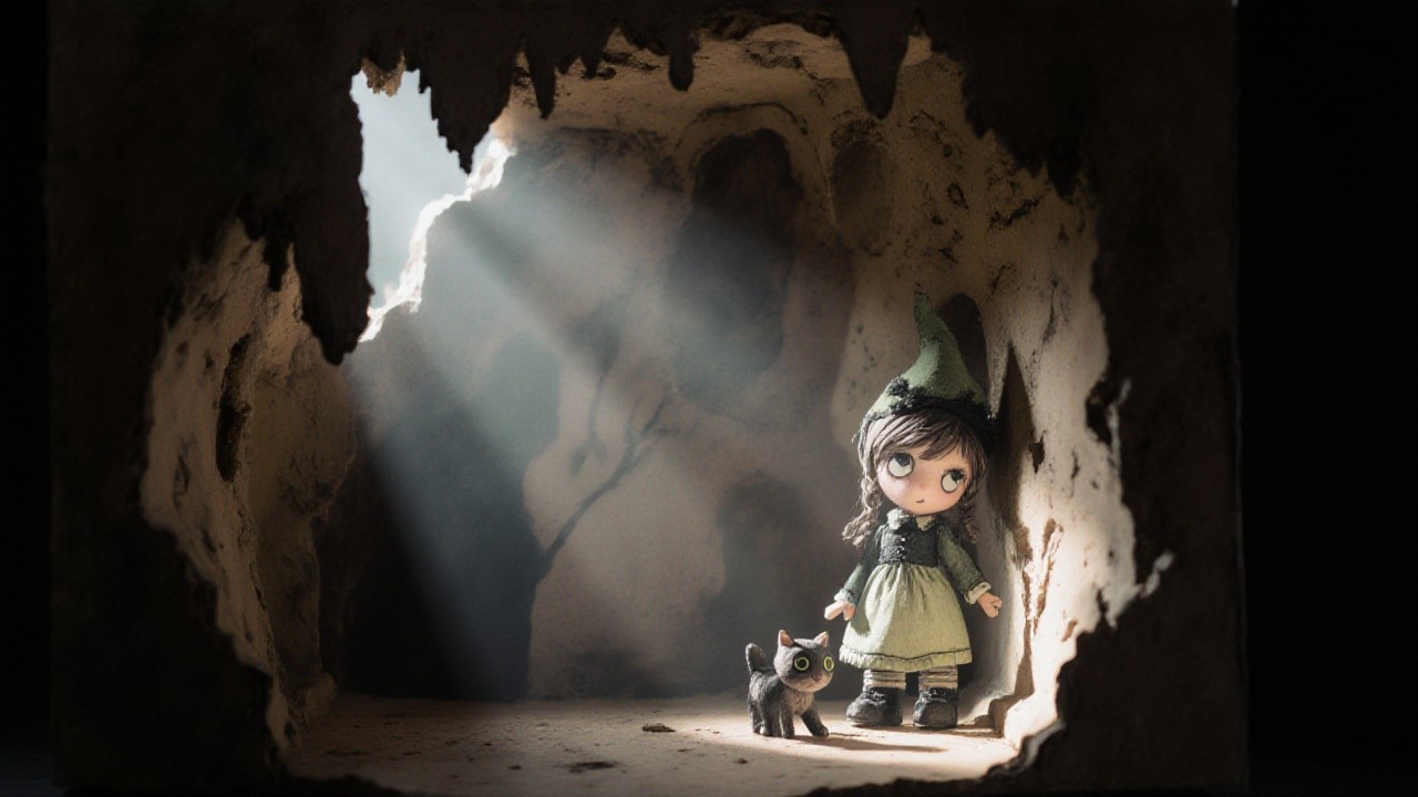 Whimsical Doll and Cat in a Dimly Lit Cave