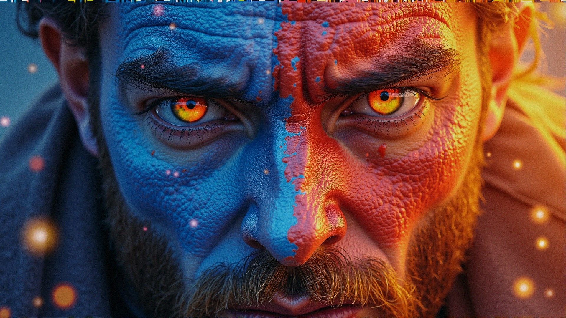 Close-up of a man's face with vibrant color contrast