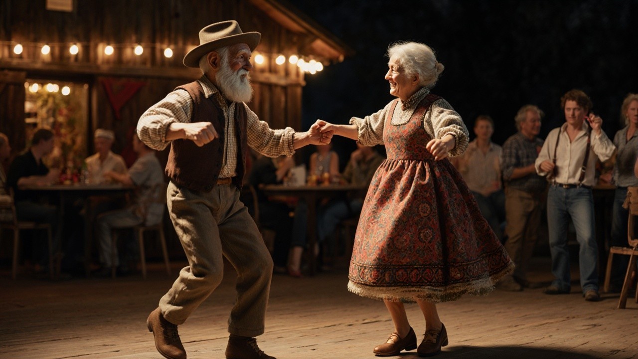 Elderly Couple Dancing at Outdoor Gathering Celebration