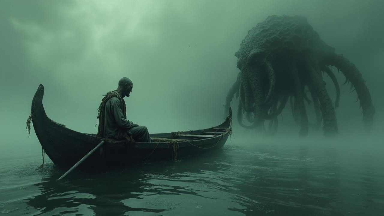 Solitary Figure in Boat Amidst Fog and Tentacled Creature