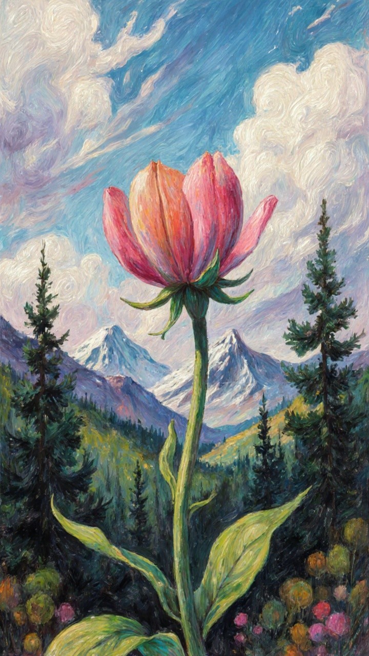 Vibrant Pink Flower Against Majestic Mountain Backdrop