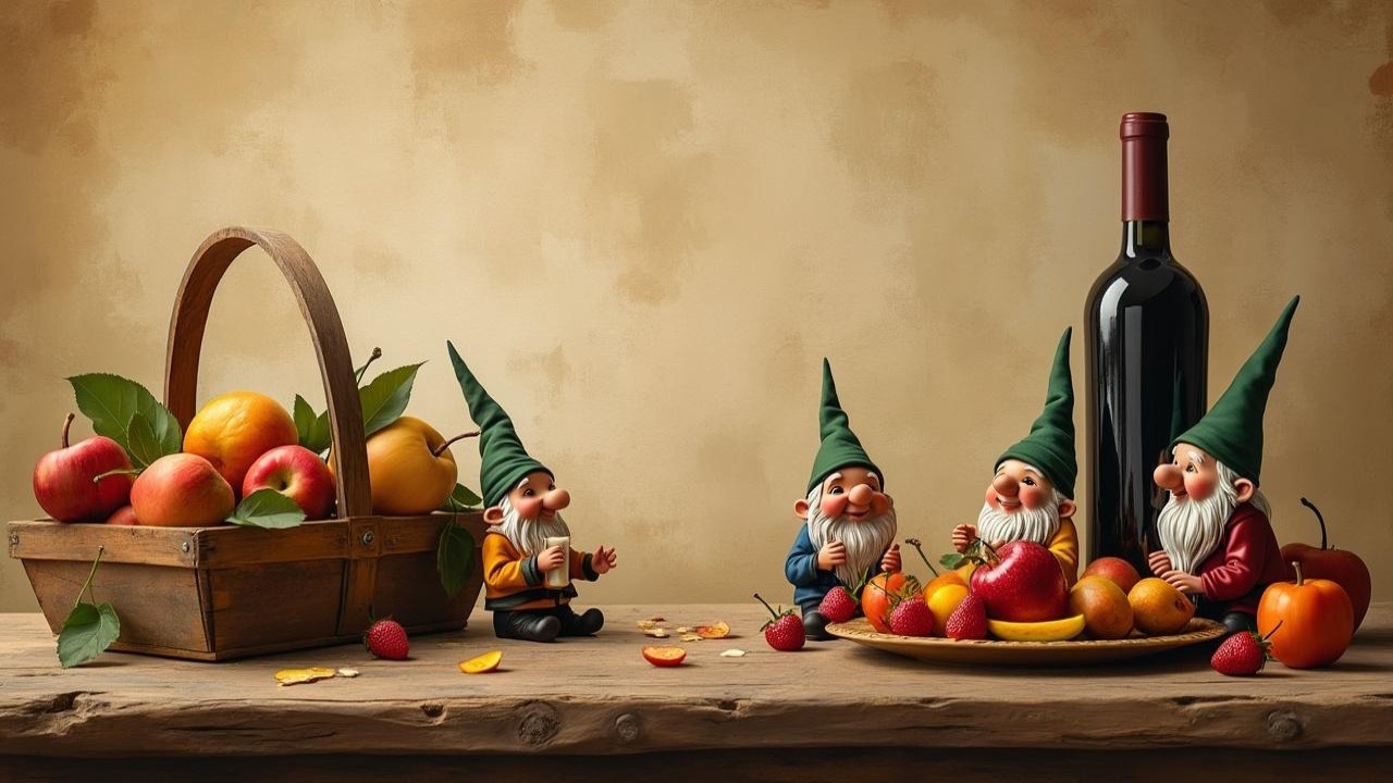 Cheerful gnomes gather around a rustic wooden table