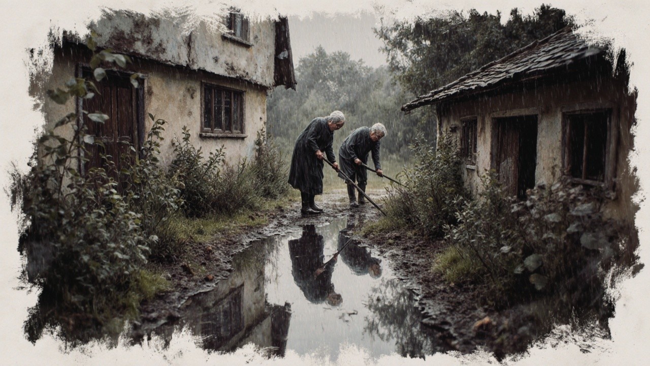 Elderly Caretakers in Rainy Rustic Setting