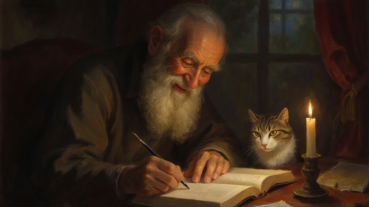 Elderly Man Writing by Candlelight with Cat Nearby