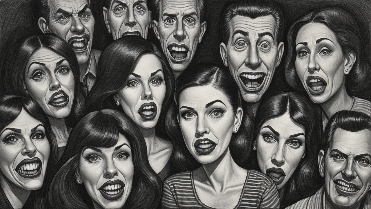 Black and white illustration of shocked individuals' faces