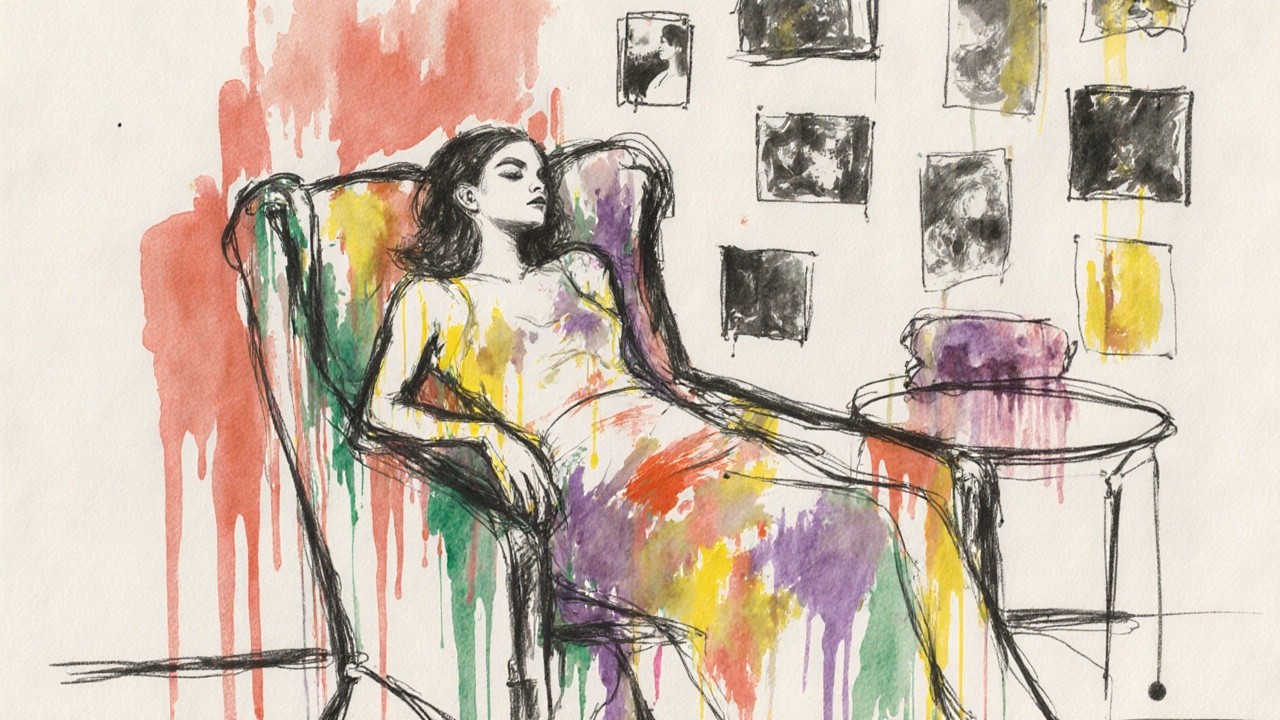Abstract Artwork of a Reclining Woman in Colorful Gown