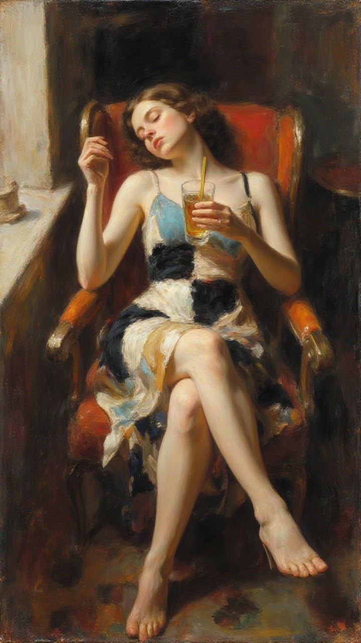 Elegant Woman in Colorful Dress in Red Armchair