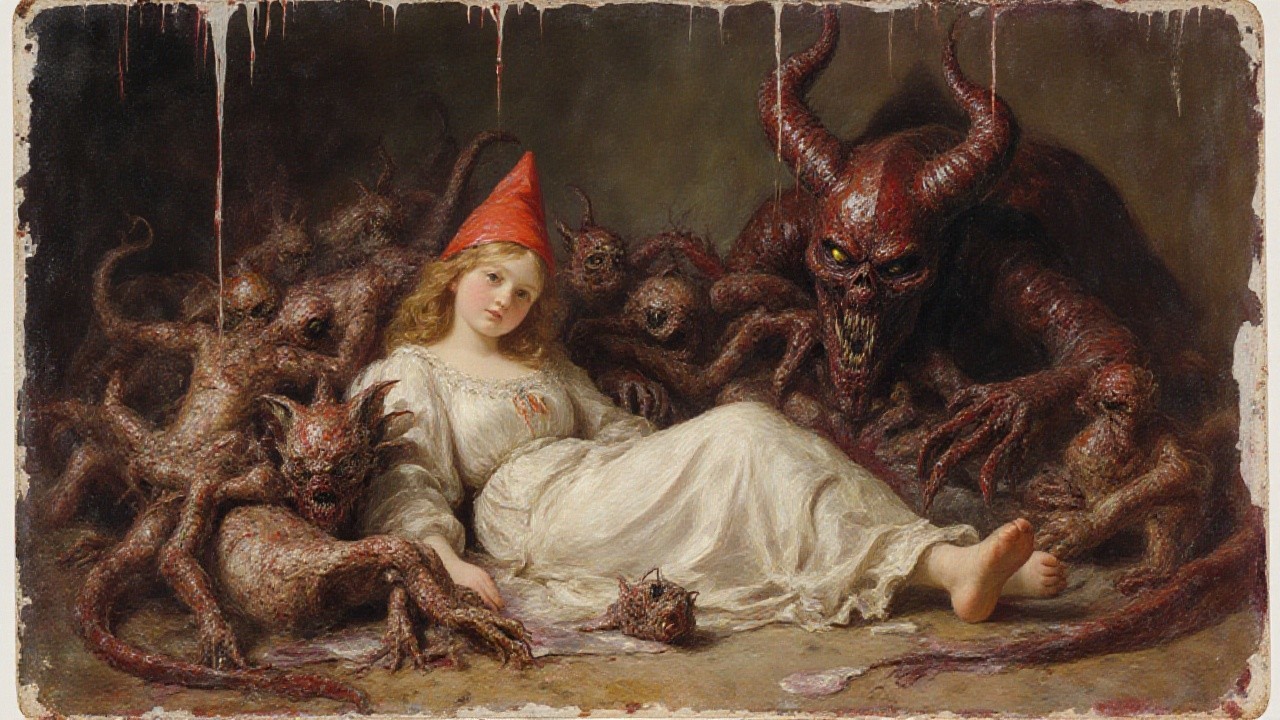 Girl in White Dress Amid Dark, Eerie Creatures