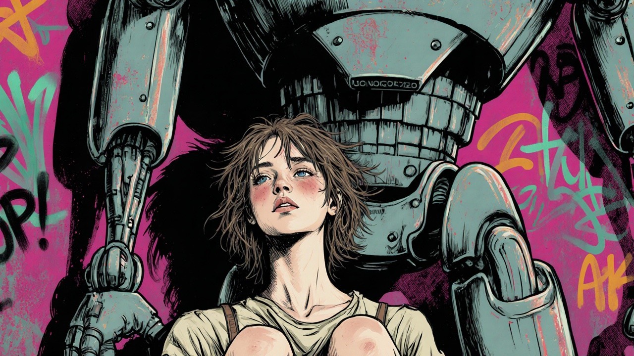 Young Woman and Retro-Futuristic Robot Illustration
